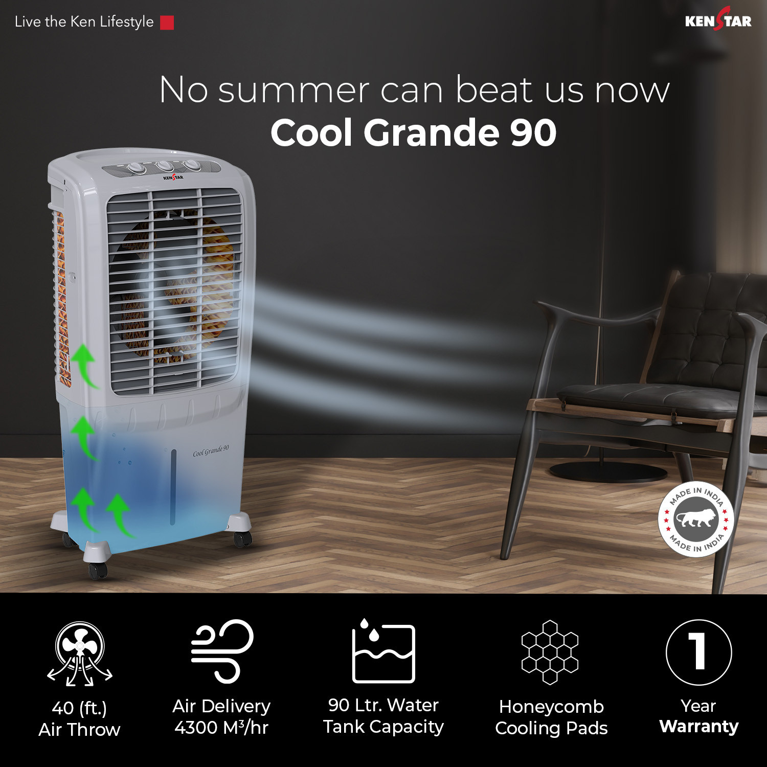 Image of Kenstar 90 L Desert Air Cooler Honeycomb Pads, Anti-Bacterial Protection, Inverter Compatible