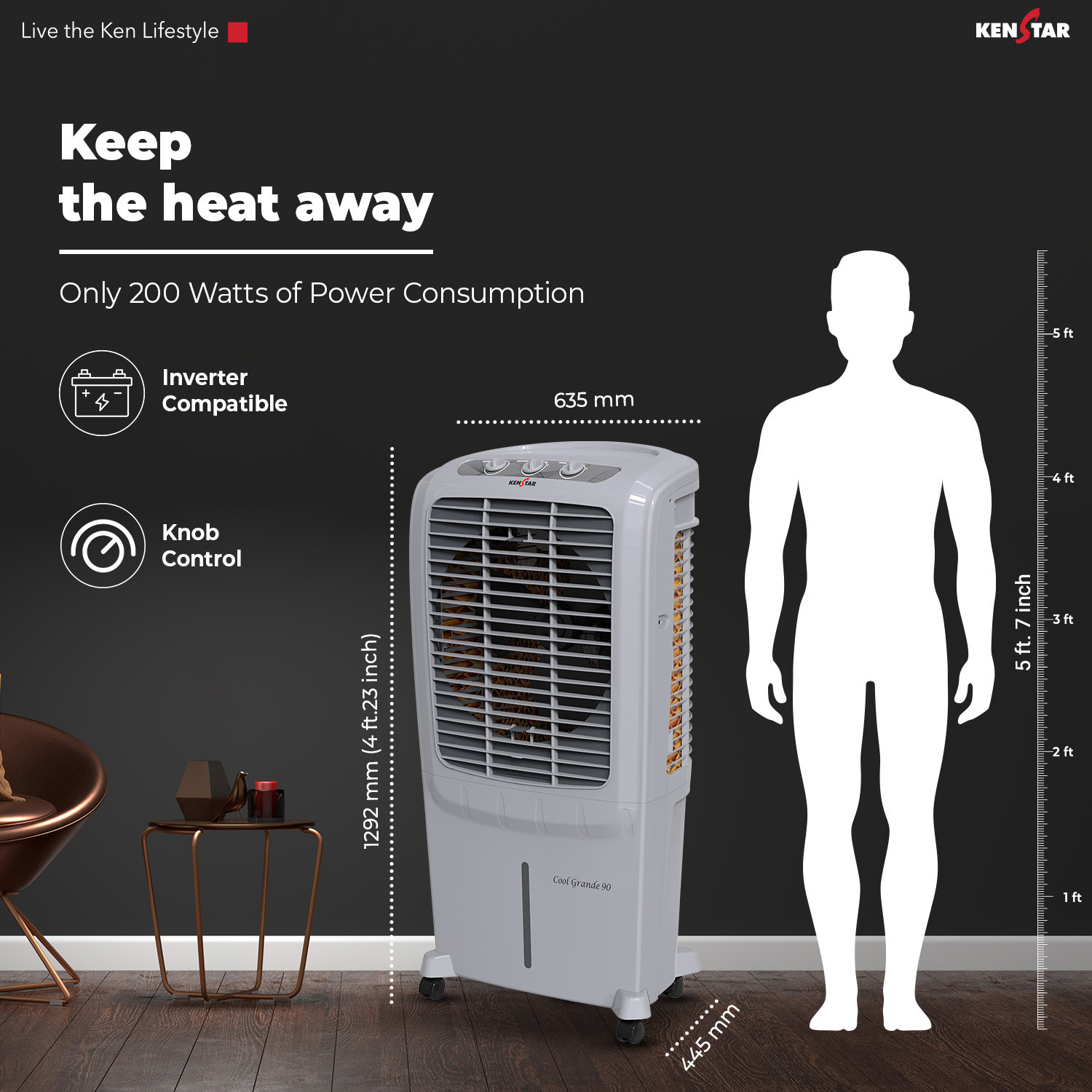 Image of Kenstar 90 L Desert Air Cooler Honeycomb Pads, Anti-Bacterial Protection, Inverter Compatible
