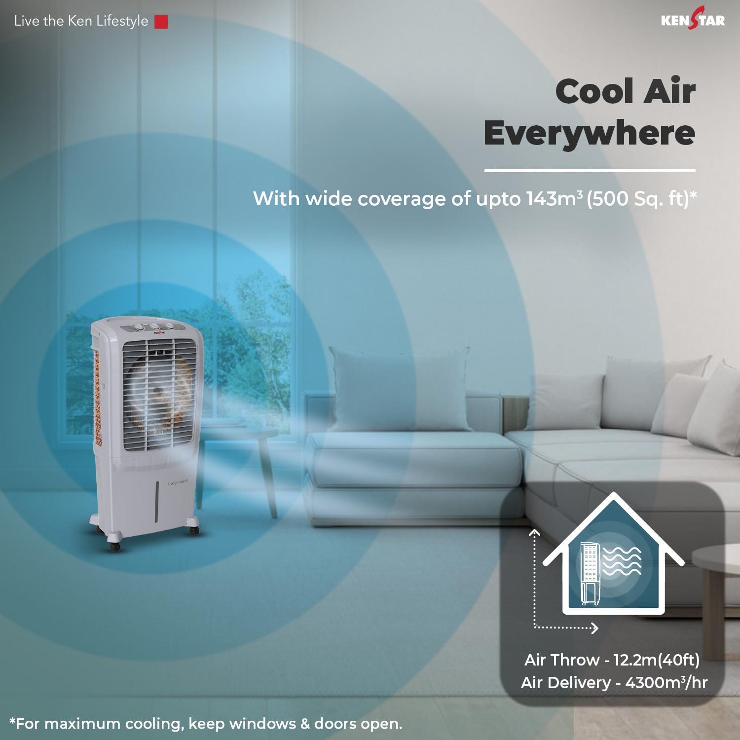 Image of Kenstar 90 L Desert Air Cooler Honeycomb Pads, Anti-Bacterial Protection, Inverter Compatible