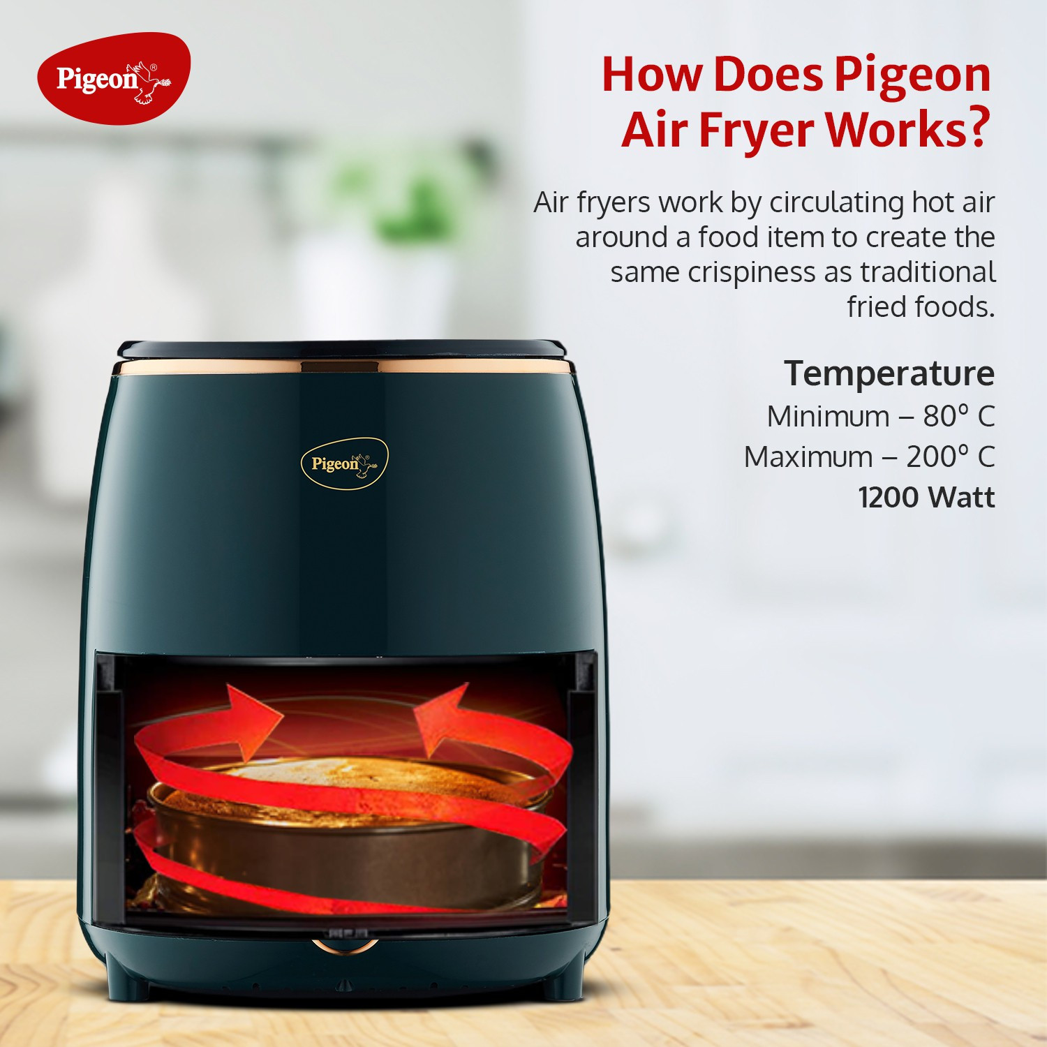 Image of Pigeon Healthifry Digital with 360 High Speed Air Circulation Technology 1200 W with Non-Stick Basket - Green Air Fryer