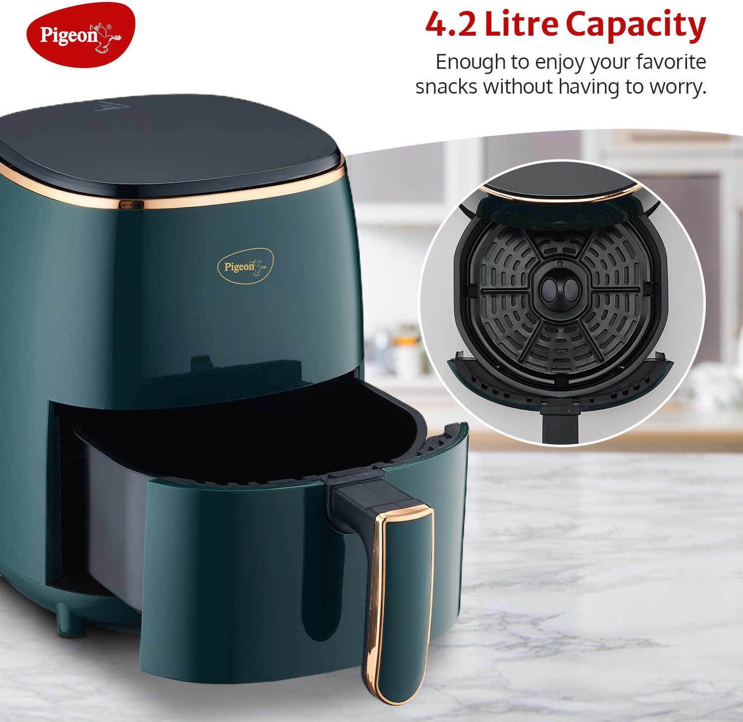 Image of Pigeon Healthifry Digital with 360 High Speed Air Circulation Technology 1200 W with Non-Stick Basket - Green Air Fryer