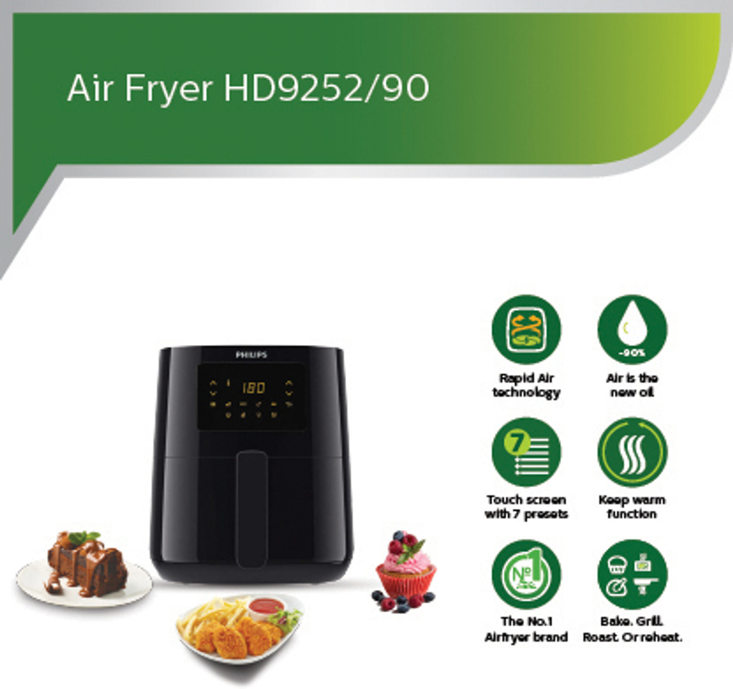 Image of PHILIPS HD9252 /90 with Touch Panel, uses up to 90% less fat, 7 Pre-set Menu, 1400W, 4.1 Ltr, with Rapid Air Technology Air Fryer
