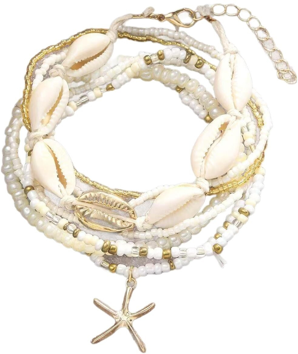 Gustave Boho Layered Shell Anklet Set For Women Adjustable Beaded Beach Jewelry Alloy Anklet