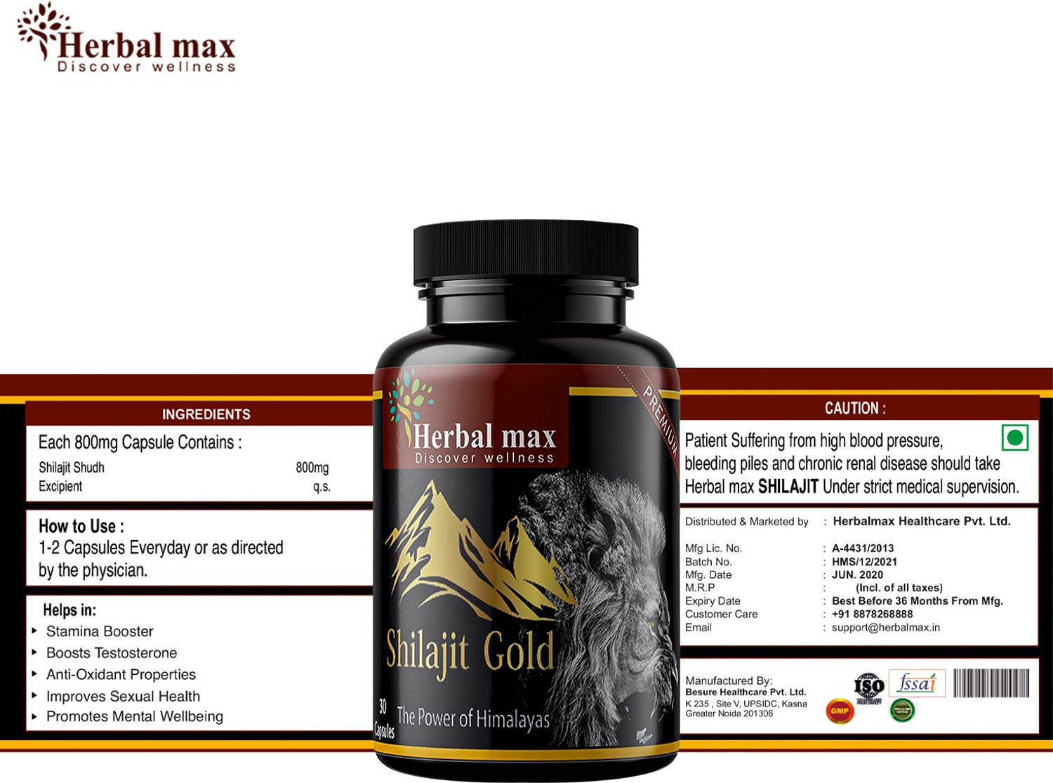 Image of Herbal max Shilajit Gold with Safed Mulsi For Strength, Power & Stamina - 30 Capsule