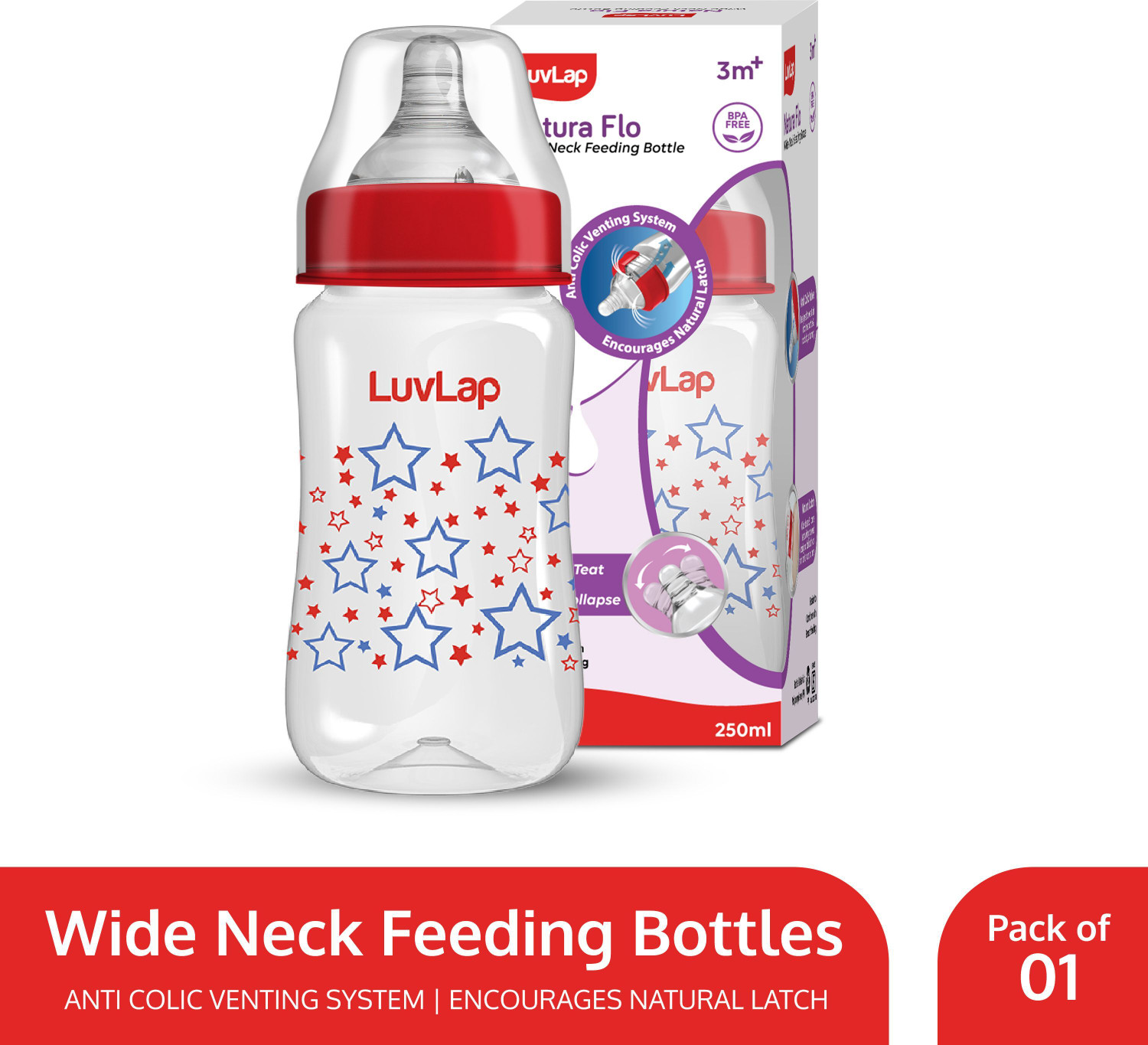 LuvLap Anti-Colic Wide Neck Natural Flow Baby Feeding Bottle, Stars De