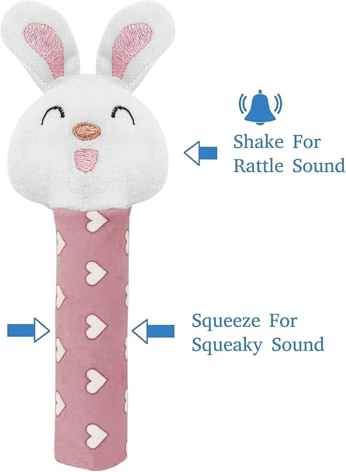 Image of SnugglePuff Bunny Rattle Soft Toy for Babies with Squeeze Handle for Squeaky Sound Rattle (Pink)