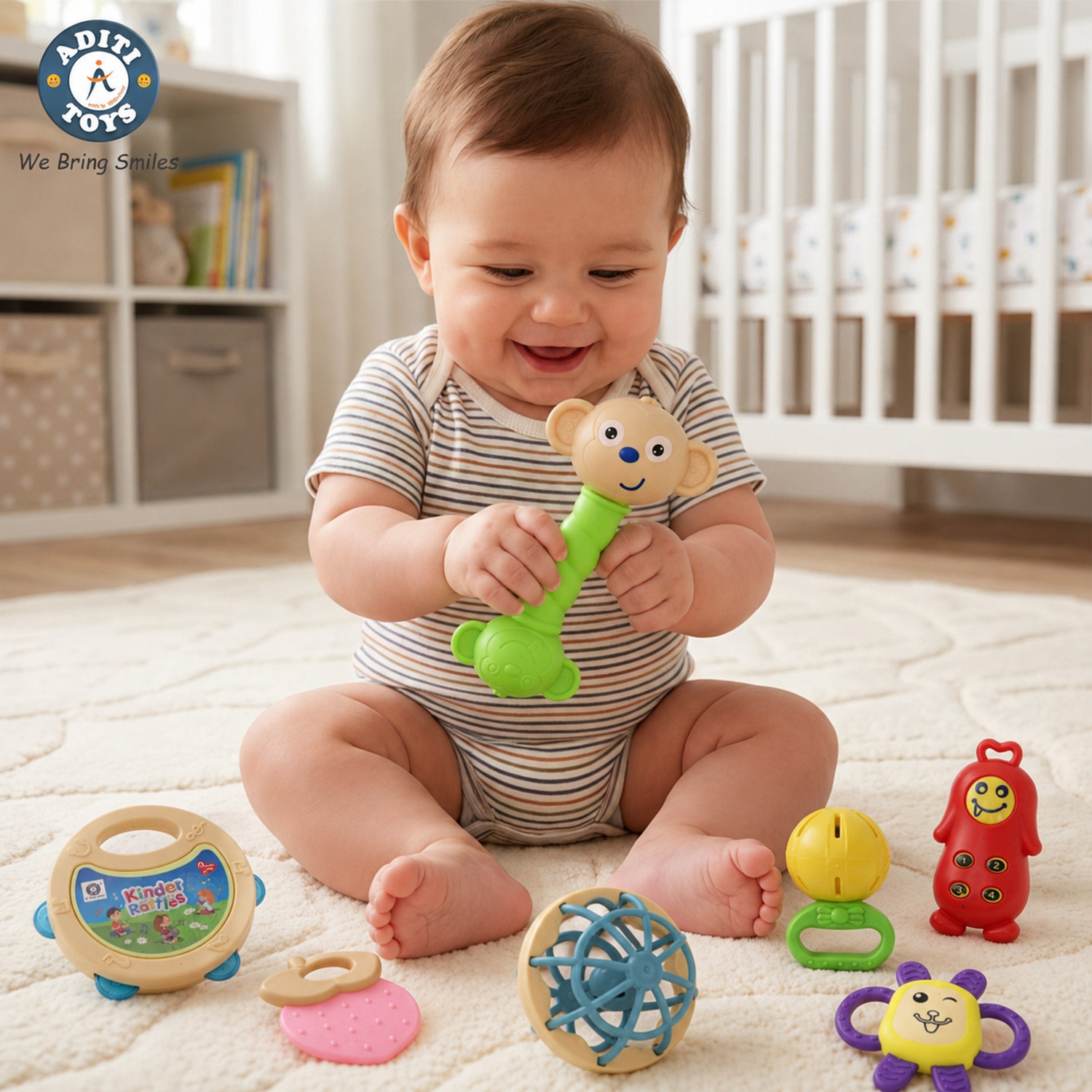 Image of SnugglePuff Bunny Rattle Soft Toy for Babies with Squeeze Handle for Squeaky Sound Rattle (Pink)