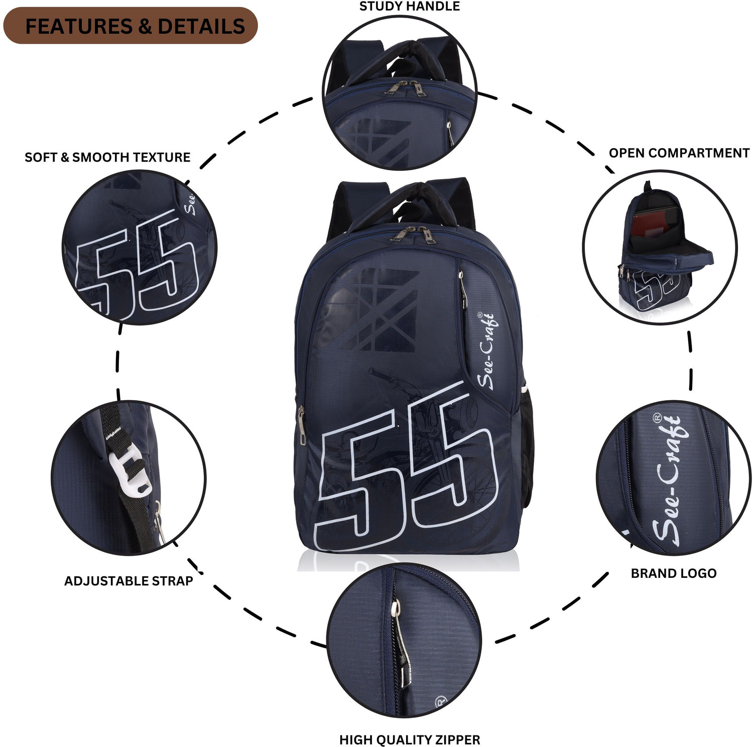 Image of SEE-CRAFT Large 33 L Laptop Backpack 55 inch Graphic Navy Blue Backpack for School /College /Travel (Blue)