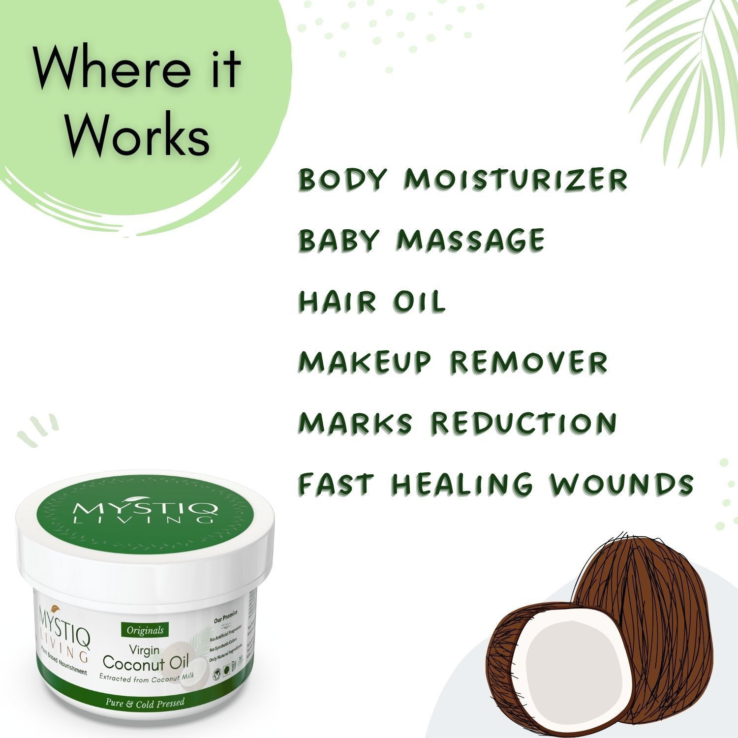 Image of Mystiq Living Virgin Coconut Oil - For Face, Hair & Body Massage (100% Pure & Cold Pressed)