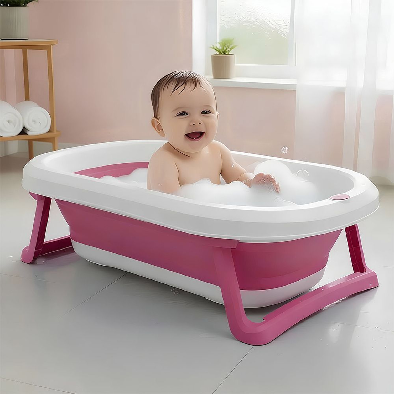 Baby Bath Tub for 05 Years, Foldable with Legs, Easy Storage (Pink & White)