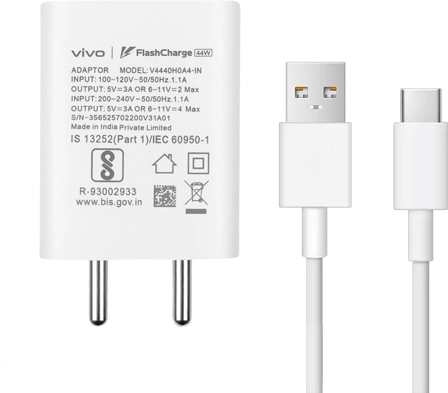 vivo 44 W Quick Charge 4 A Wall Charger for Mobile with Detachable Cab
