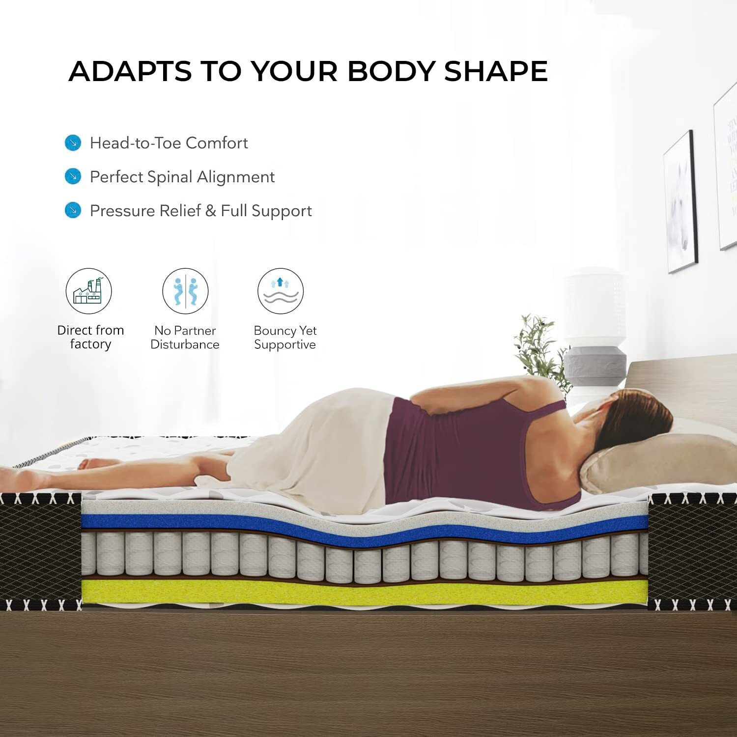 Image of Comforto by Comforto Hybrid | Pocket Spring with Memory Foam 8 Inch 8 inch Double Pocket Spring Mattress (L x W: 78 inch x 48 inch)