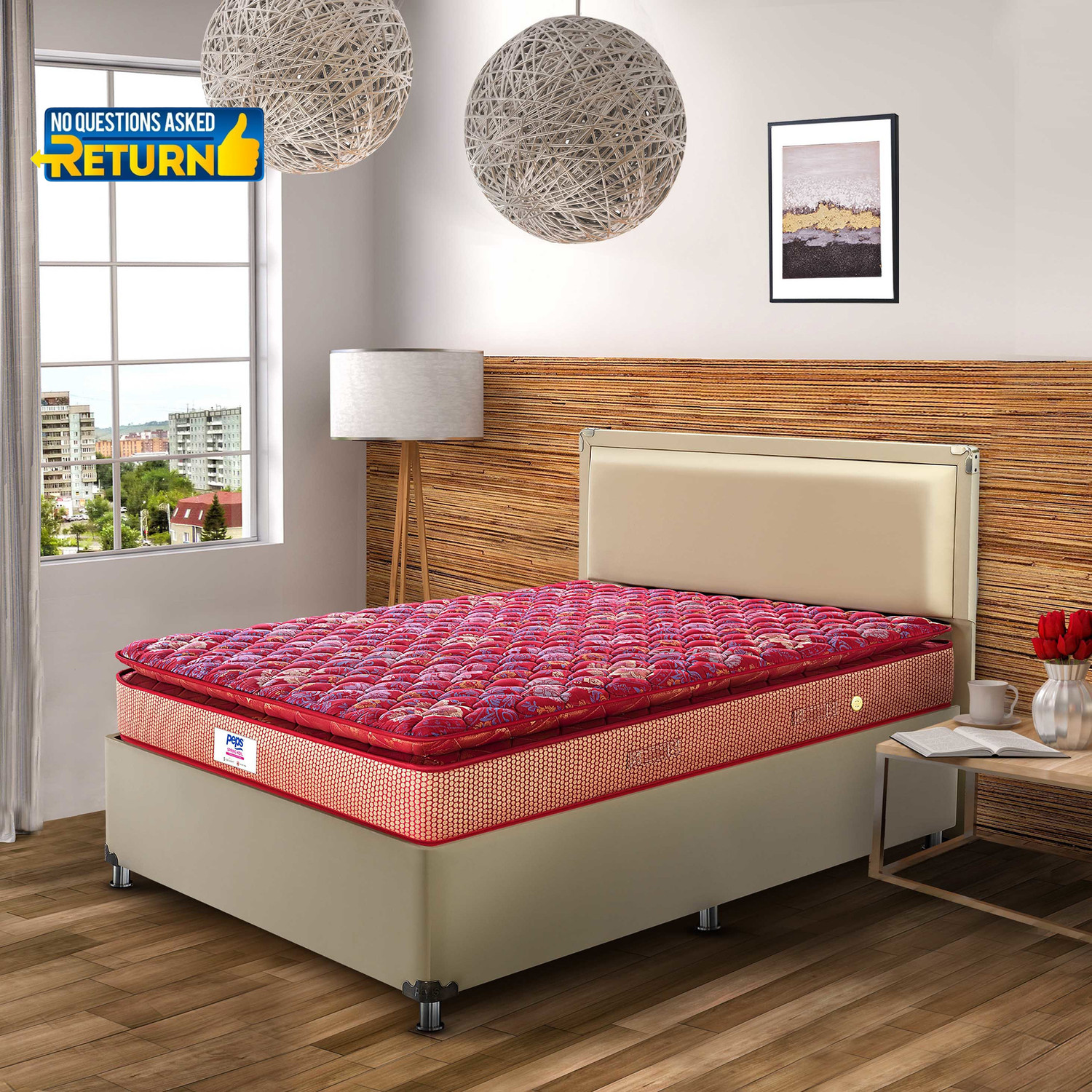 Image of PEPS Springkoil Durable PU Foam Quilt, Medium Firm Back Support, Dark Blue 10 inch King Bonnell Spring Mattress