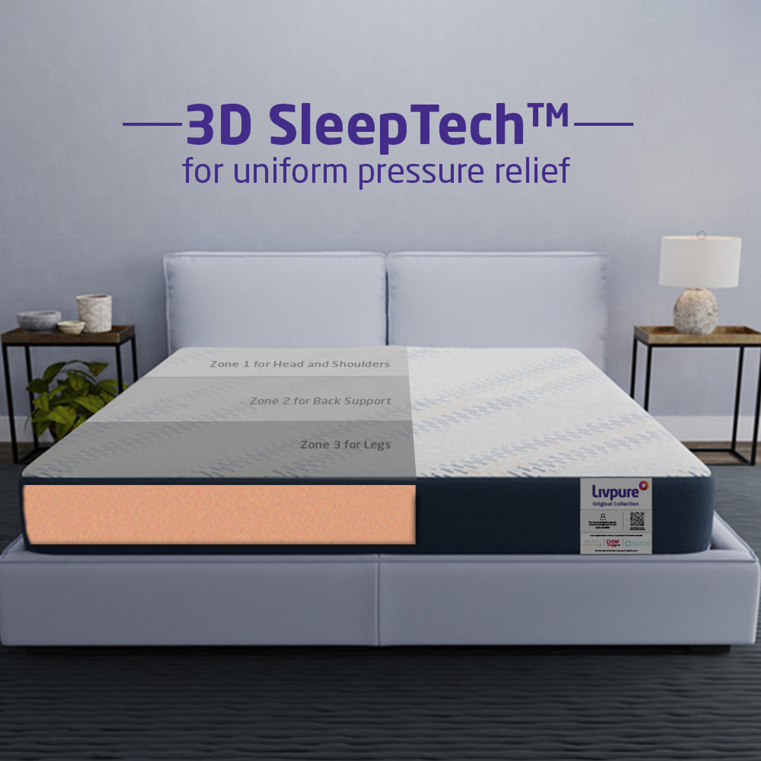 Image of Livpure Smart ESSENTIA Pure Foam Advance Lumbar Support with Dow ComfortScience 4 inch King High Resilience (HR) Foam Mattress