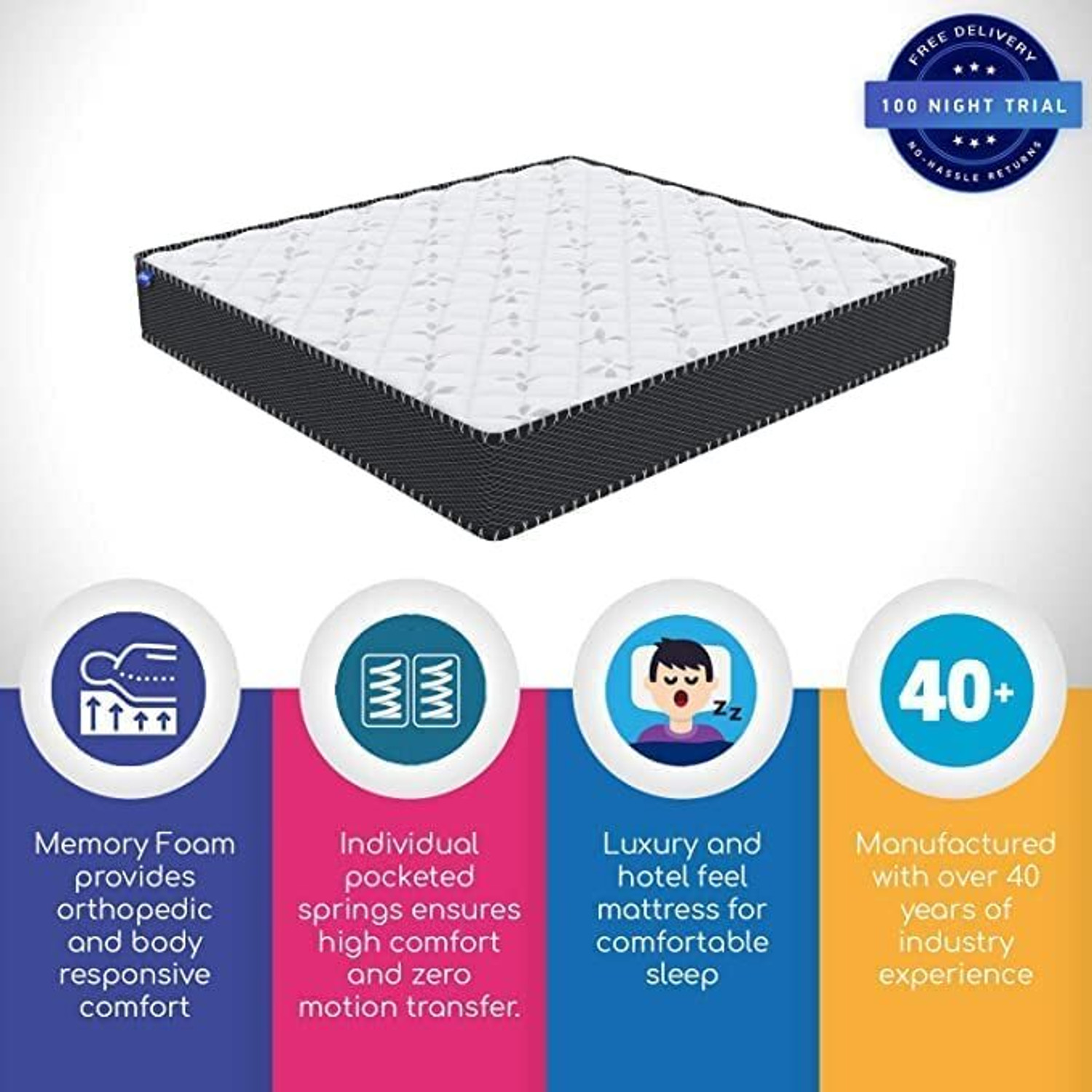 Image of Comforto by Comforto Hybrid | Pocket Spring with Memory Foam 8 Inch 8 inch Double Pocket Spring Mattress (L x W: 78 inch x 48 inch)