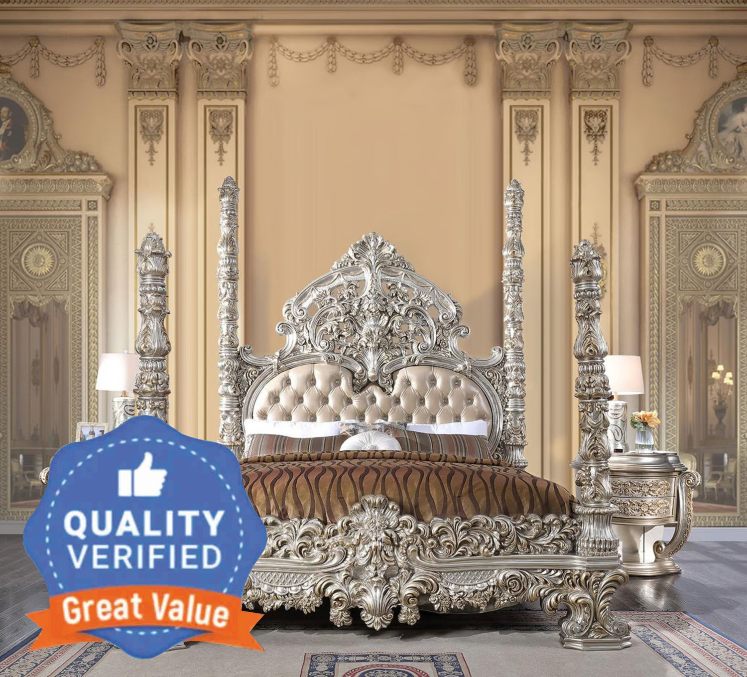 Image of ROYALSTEEL Luxury sunflower G&W 213x182cm Solid Wood King Box Bed, 213 cm x 182 cm (6.99 ft x 5.97 ft) (Finish Color - Bottlegreen And white, Delivery Condition - Knock Down)