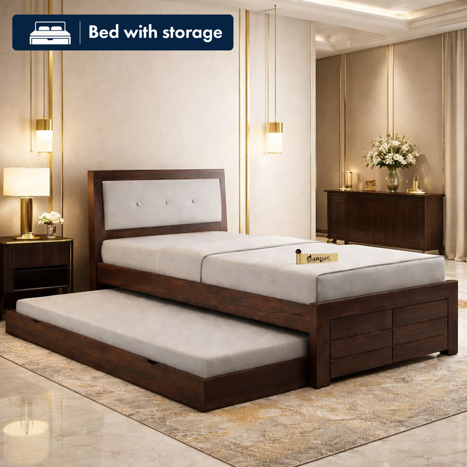 Image of Ganpati Arts Sheesham Wood Swift Bunk Bed Without Storage For Kids /Kids room Solid Wood Single Bed, 99.06 cm x 208.28 cm (3.25 ft x 6.83 ft) (Finish Color - Walnut Finish, Delivery Condition - DIY(Do-It-Yourself))