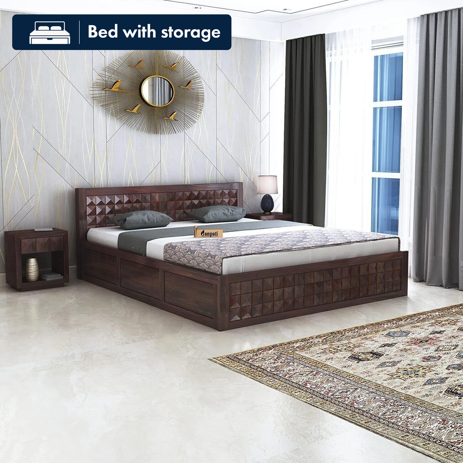 Image of ROYALSTEEL Luxury sunflower G&W 213x182cm Solid Wood King Box Bed, 213 cm x 182 cm (6.99 ft x 5.97 ft) (Finish Color - Bottlegreen And white, Delivery Condition - Knock Down)