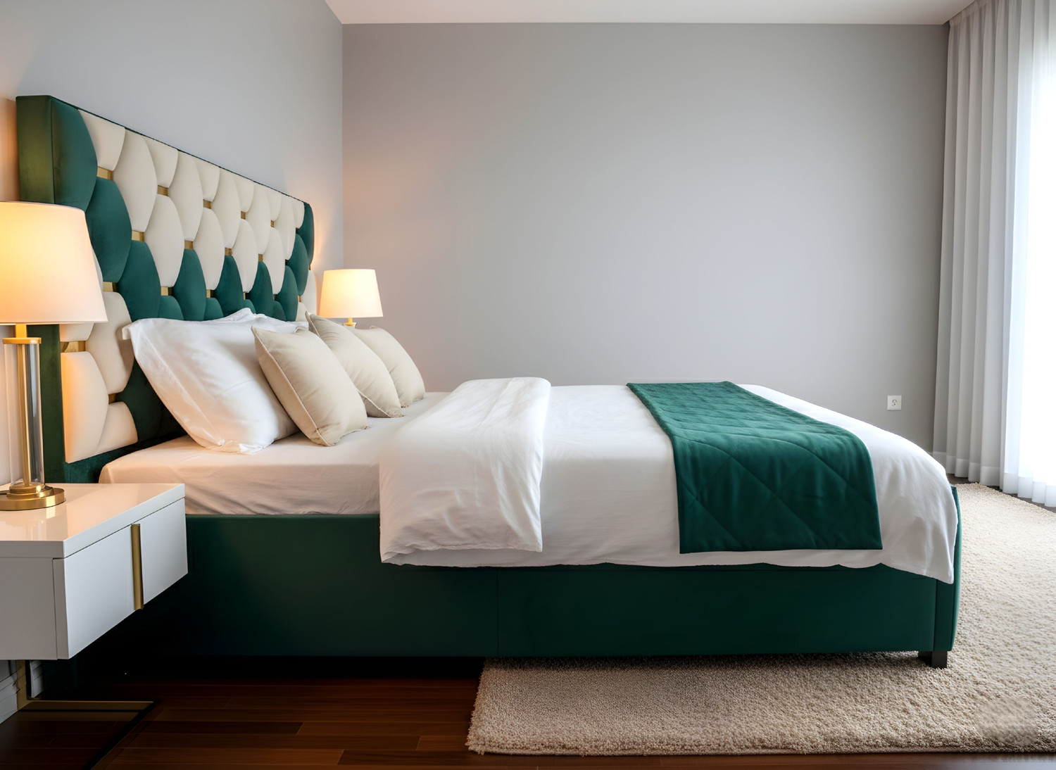 Image of ROYALSTEEL Luxury sunflower G&W 213x182cm Solid Wood King Box Bed, 213 cm x 182 cm (6.99 ft x 5.97 ft) (Finish Color - Bottlegreen And white, Delivery Condition - Knock Down)