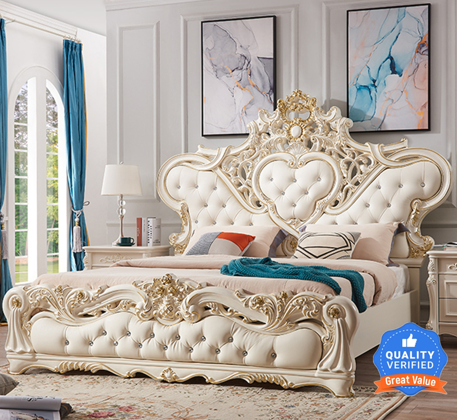 Image of ROYALSTEEL Luxury sunflower G&W 213x182cm Solid Wood King Box Bed, 213 cm x 182 cm (6.99 ft x 5.97 ft) (Finish Color - Bottlegreen And white, Delivery Condition - Knock Down)
