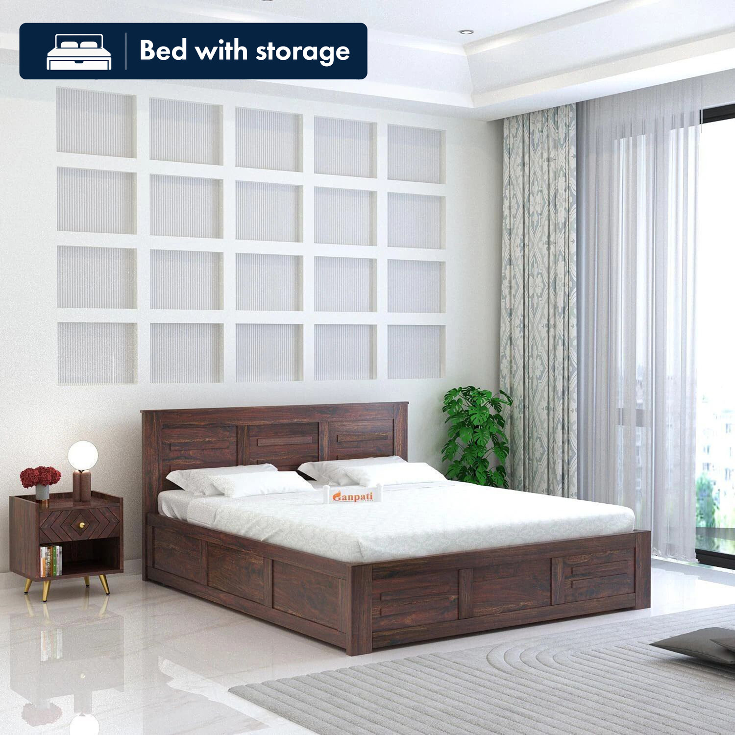 Image of ROYALSTEEL Luxury sunflower G&W 213x182cm Solid Wood King Box Bed, 213 cm x 182 cm (6.99 ft x 5.97 ft) (Finish Color - Bottlegreen And white, Delivery Condition - Knock Down)