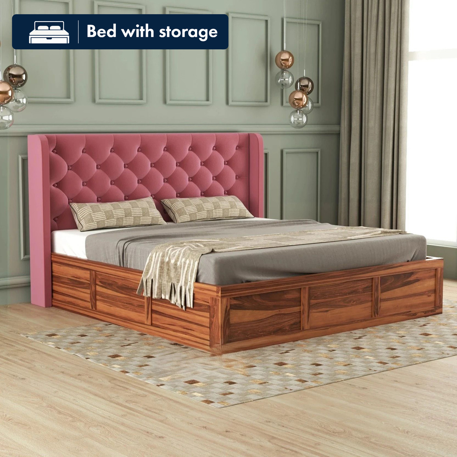 Image of ROYALSTEEL Luxury sunflower G&W 213x182cm Solid Wood King Box Bed, 213 cm x 182 cm (6.99 ft x 5.97 ft) (Finish Color - Bottlegreen And white, Delivery Condition - Knock Down)