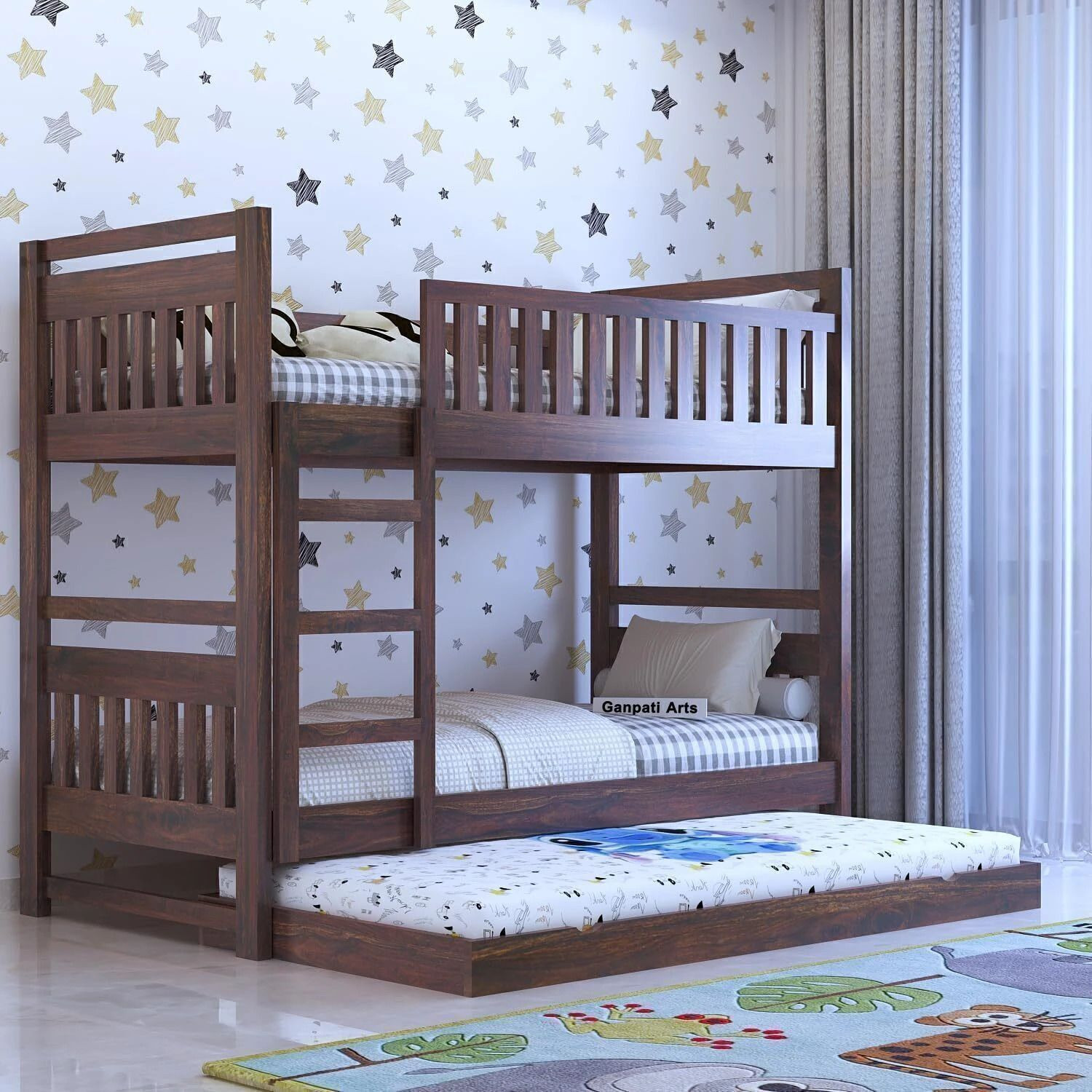 Image of Ganpati Arts Sheesham Wood Swift Bunk Bed Without Storage For Kids /Kids room Solid Wood Single Bed, 99.06 cm x 208.28 cm (3.25 ft x 6.83 ft) (Finish Color - Walnut Finish, Delivery Condition - DIY(Do-It-Yourself))