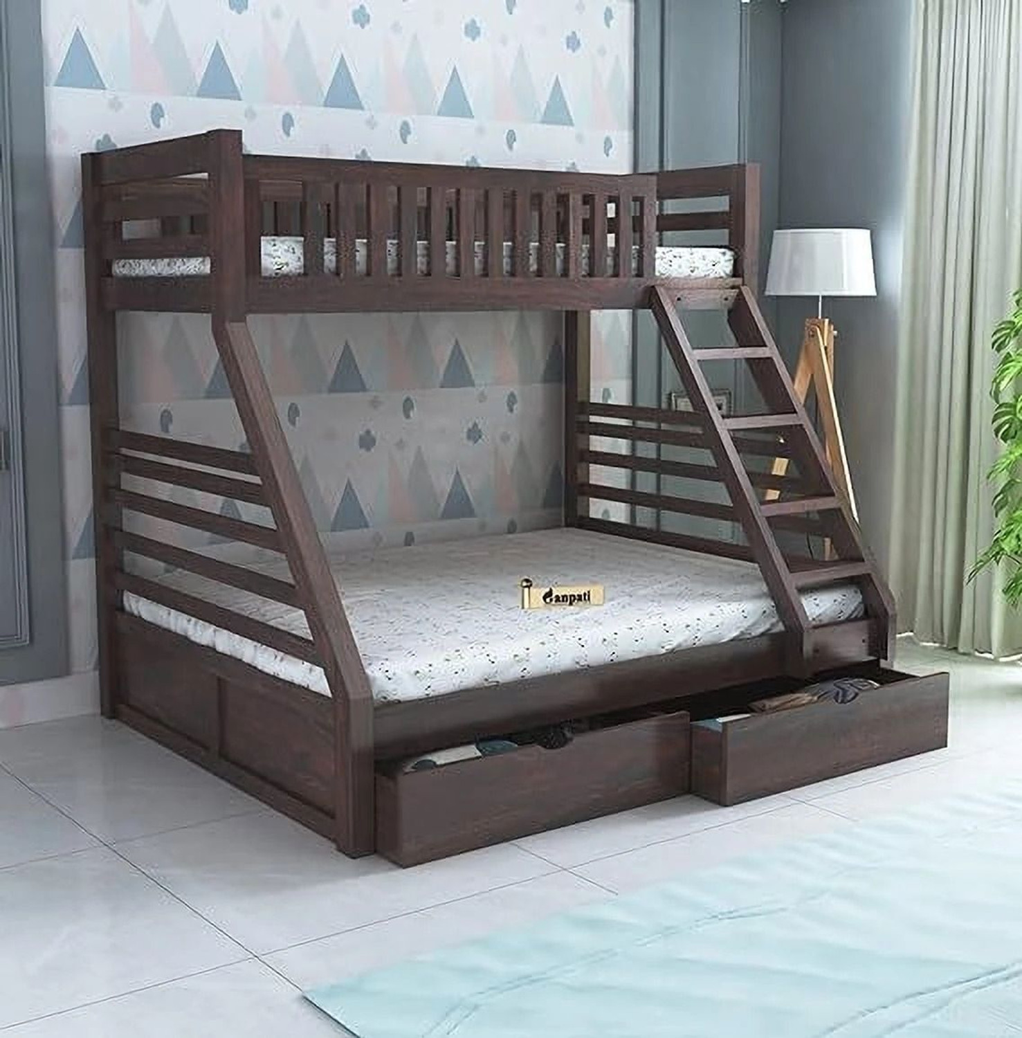 Image of Ganpati Arts Sheesham Wood Swift Bunk Bed Without Storage For Kids /Kids room Solid Wood Single Bed, 99.06 cm x 208.28 cm (3.25 ft x 6.83 ft) (Finish Color - Walnut Finish, Delivery Condition - DIY(Do-It-Yourself))