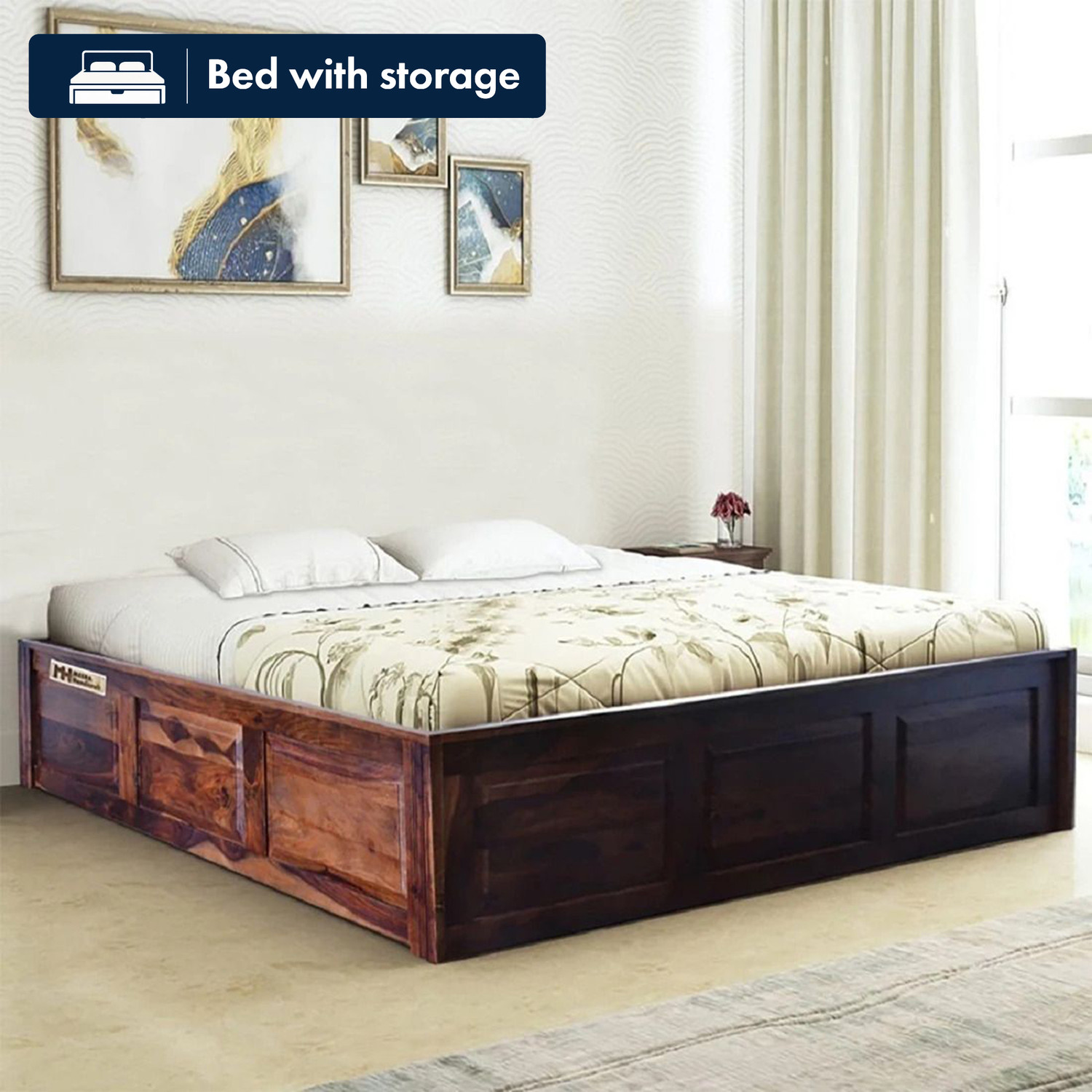 Meera Handicraft Sheesham Solid Wood King Size Bed with Storage for Bedroom Living Room Home Wooden Furniture for Hotel Guest House (Finish :- Natural Brown) Solid Wood King Box Bed  (Finish Color - Natural Brown, Delivery Condition - DIY(Do-It-Yourself))