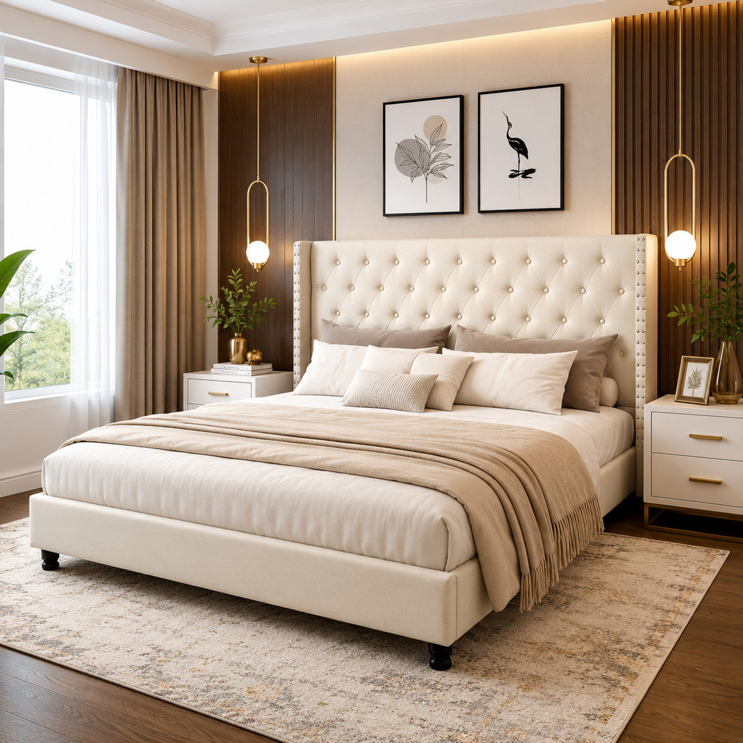 Image of Bharat Lifestyle Amsterdam Bed With Mattress Engineered Wood Queen Bed, 197 cm x 155 cm (6.46 ft x 5.09 ft) (Finish Color - Brown With Mattress, Delivery Condition - Knock Down)