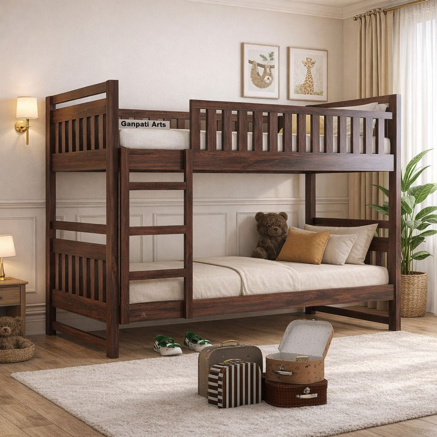 Image of Ganpati Arts Sheesham Wood Swift Bunk Bed Without Storage For Kids /Kids room Solid Wood Single Bed, 99.06 cm x 208.28 cm (3.25 ft x 6.83 ft) (Finish Color - Walnut Finish, Delivery Condition - DIY(Do-It-Yourself))