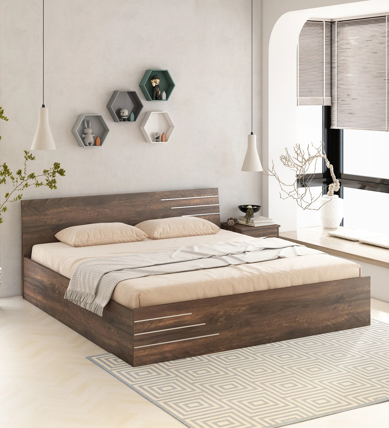 Image of Bharat Lifestyle Amsterdam Bed With Mattress Engineered Wood Queen Bed, 197 cm x 155 cm (6.46 ft x 5.09 ft) (Finish Color - Brown With Mattress, Delivery Condition - Knock Down)