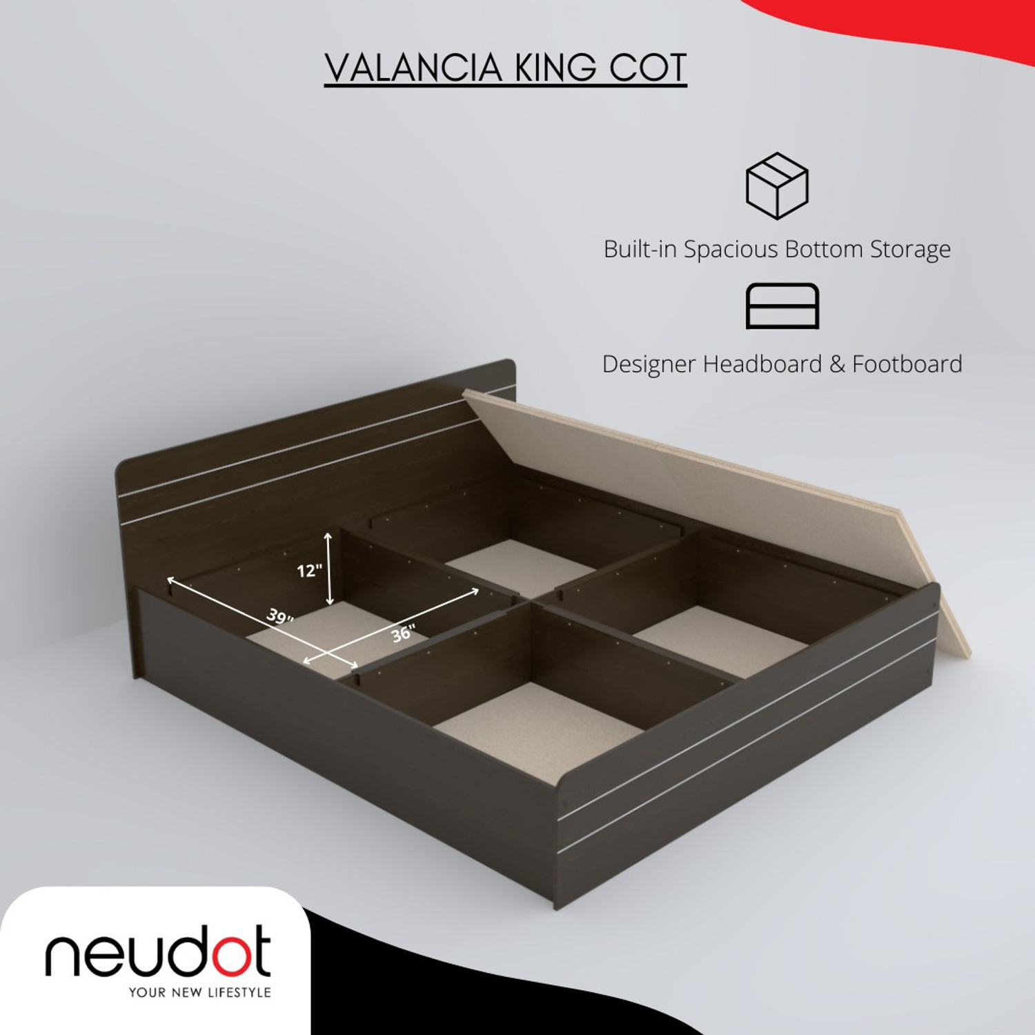 Image of NEUDOT Valancia King Engineered Wood King Box Bed, 200.1 cm x 190.5 cm (6.56 ft x 6.25 ft)