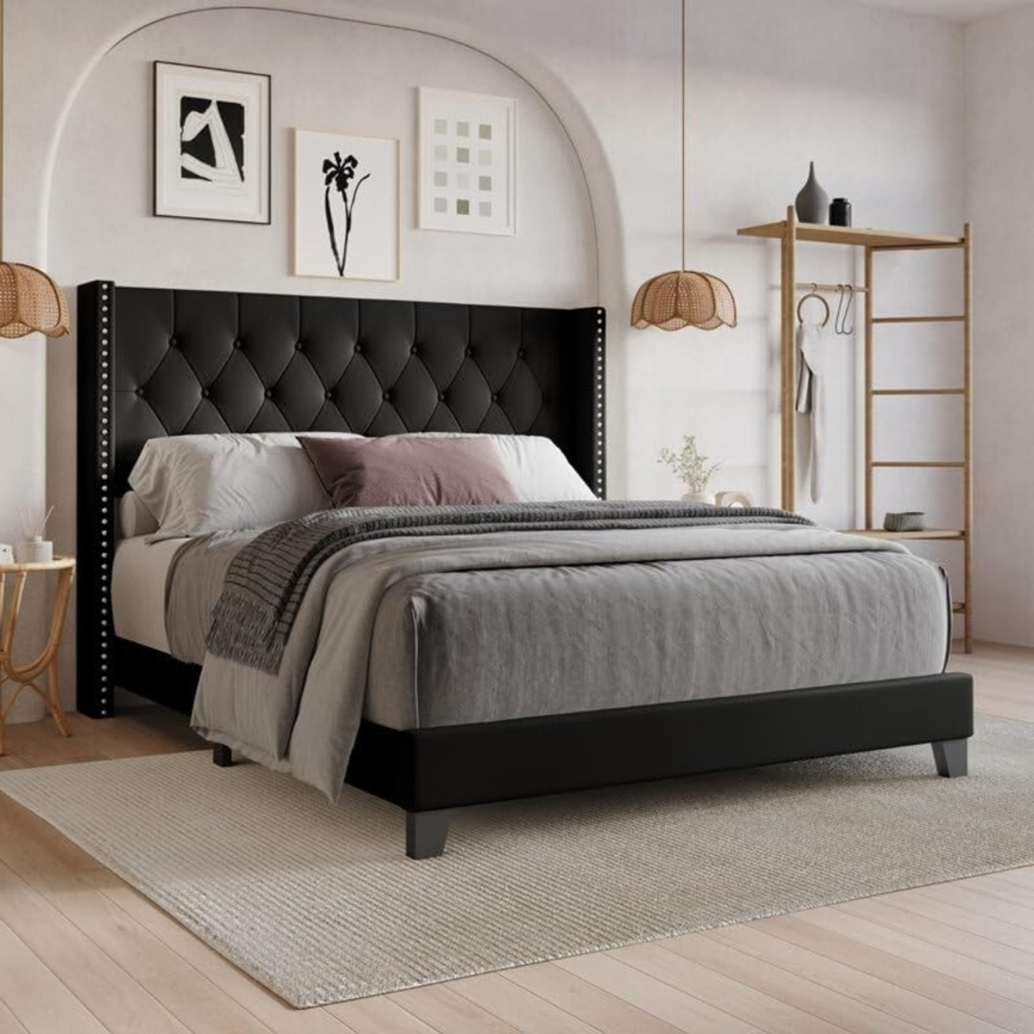Image of Bharat Lifestyle Amsterdam Bed With Mattress Engineered Wood Queen Bed, 197 cm x 155 cm (6.46 ft x 5.09 ft) (Finish Color - Brown With Mattress, Delivery Condition - Knock Down)