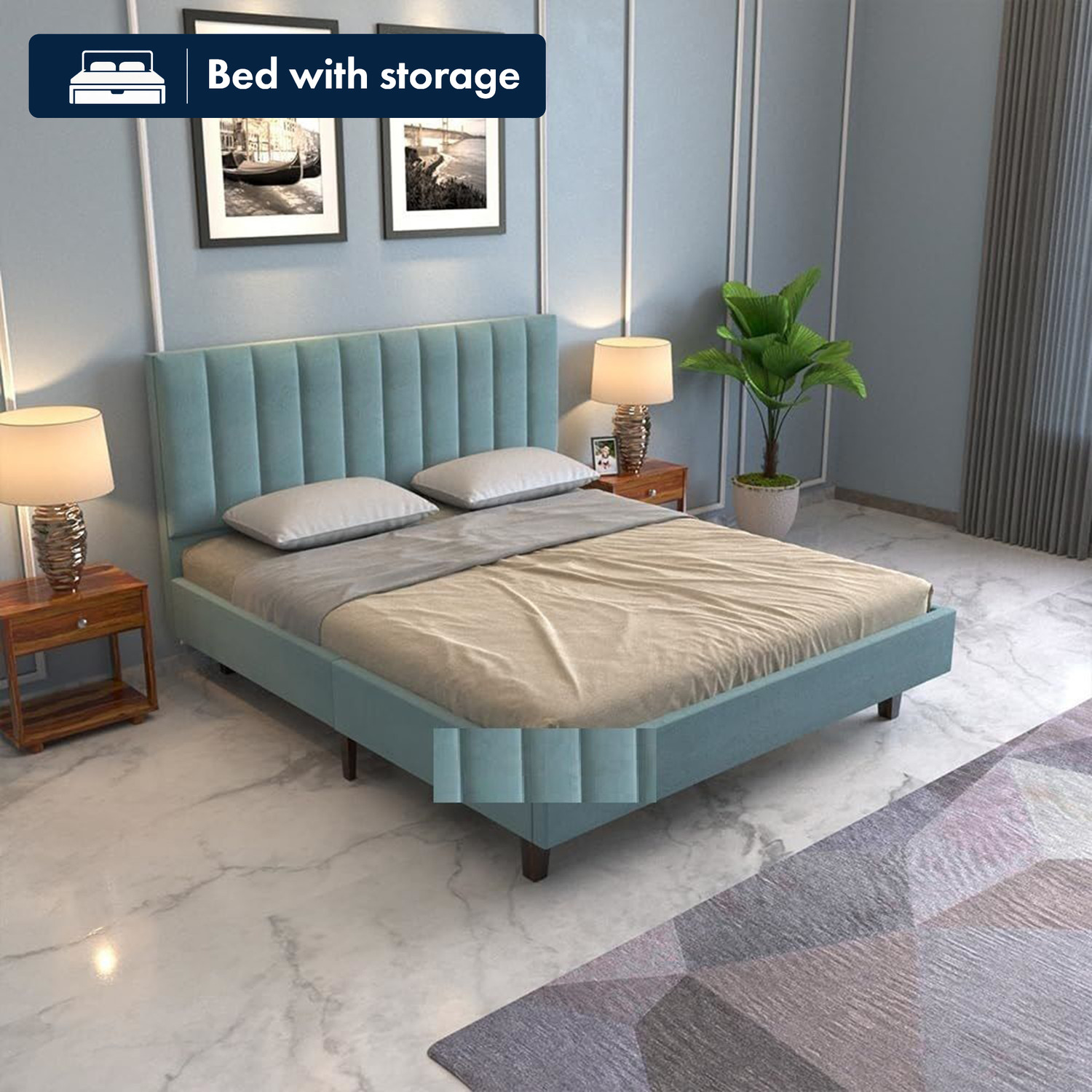 Image of ROYALSTEEL Luxury sunflower G&W 213x182cm Solid Wood King Box Bed, 213 cm x 182 cm (6.99 ft x 5.97 ft) (Finish Color - Bottlegreen And white, Delivery Condition - Knock Down)