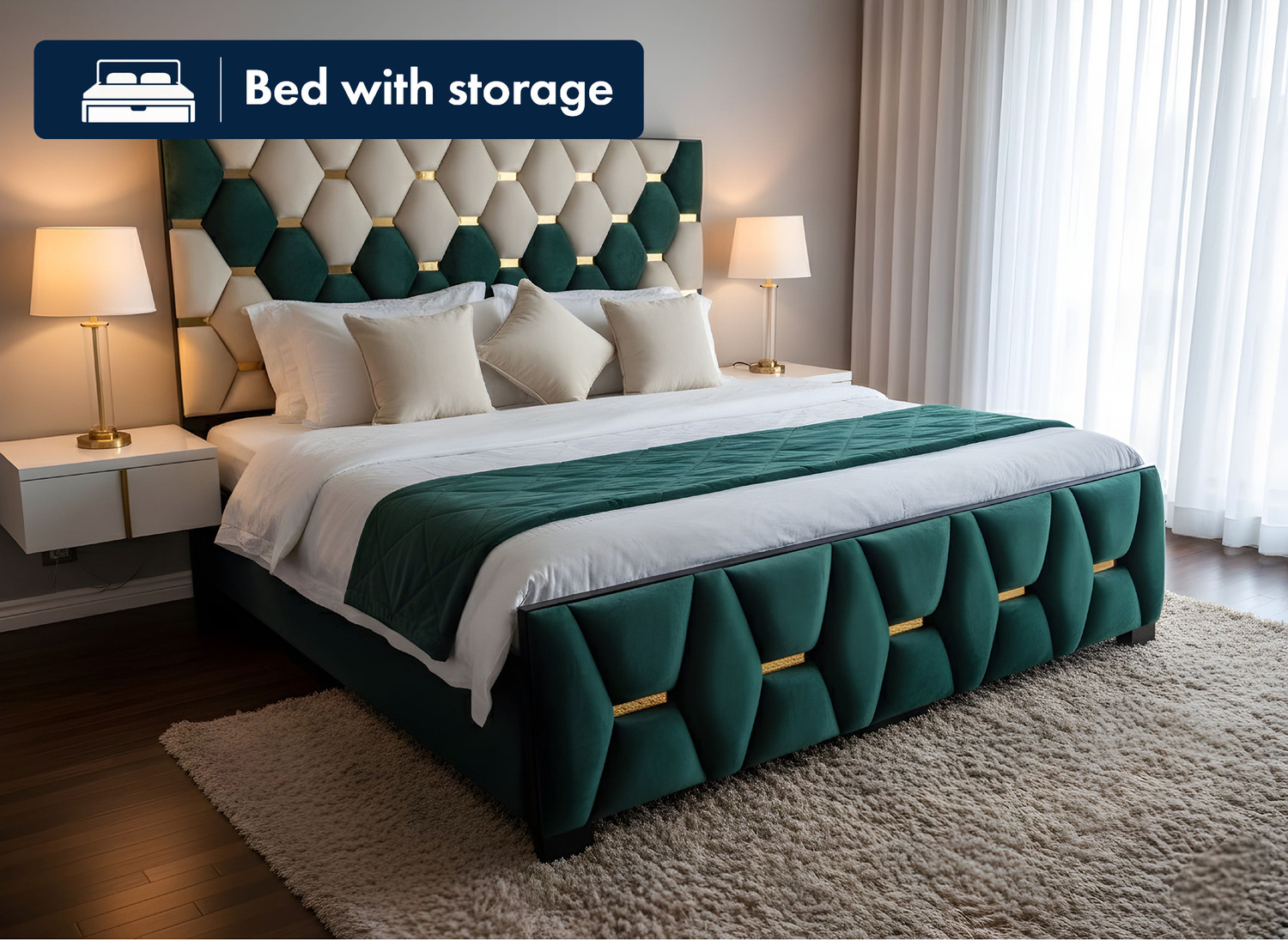 Image of ROYALSTEEL Luxury sunflower G&W 213x182cm Solid Wood King Box Bed, 213 cm x 182 cm (6.99 ft x 5.97 ft) (Finish Color - Bottlegreen And white, Delivery Condition - Knock Down)