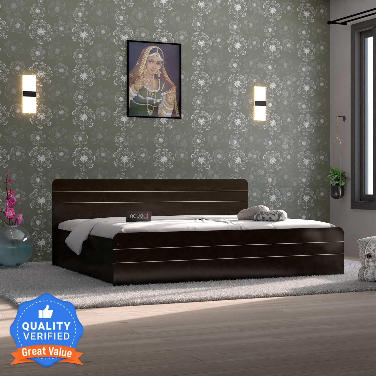 Image of NEUDOT Valancia King Engineered Wood King Box Bed, 200.1 cm x 190.5 cm (6.56 ft x 6.25 ft)