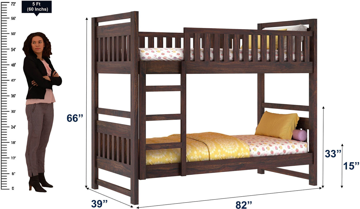 Image of Ganpati Arts Sheesham Wood Swift Bunk Bed Without Storage For Kids /Kids room Solid Wood Single Bed, 99.06 cm x 208.28 cm (3.25 ft x 6.83 ft) (Finish Color - Walnut Finish, Delivery Condition - DIY(Do-It-Yourself))