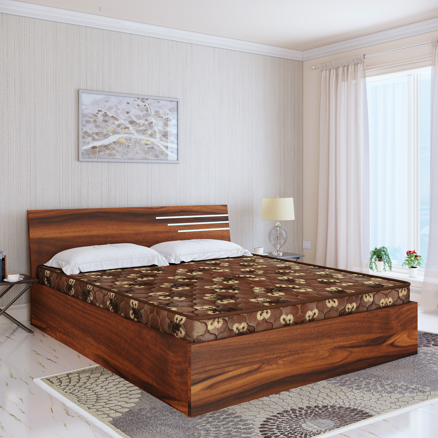 Image of Bharat Lifestyle Amsterdam Bed With Mattress Engineered Wood Queen Bed, 197 cm x 155 cm (6.46 ft x 5.09 ft) (Finish Color - Brown With Mattress, Delivery Condition - Knock Down)