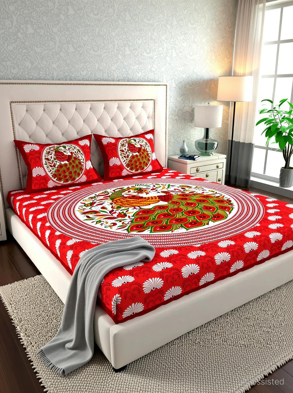 Image of Cosito Cotton Double Flat 144 TC Jaipuri Prints 1 Bedsheet with 2 Pillow Covers (Red)