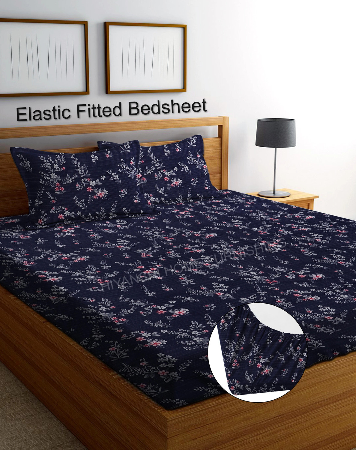 Image of HIYANSHI HOME FURNISHING Cotton King Fitted (Elastic) 250 TC Floral 1 Bedsheet with 2 Pillow Covers (72''x78'' Inches with 2 Jumbo Pillow Covers 20x30 Inches)