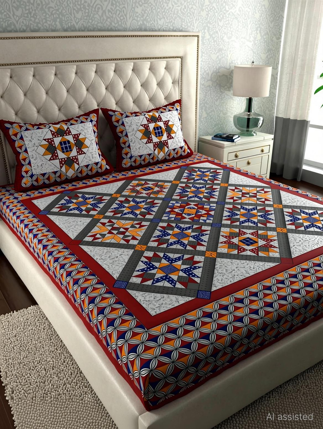 Image of Cosito Cotton Double Flat 144 TC Jaipuri Prints 1 Bedsheet with 2 Pillow Covers (Red)