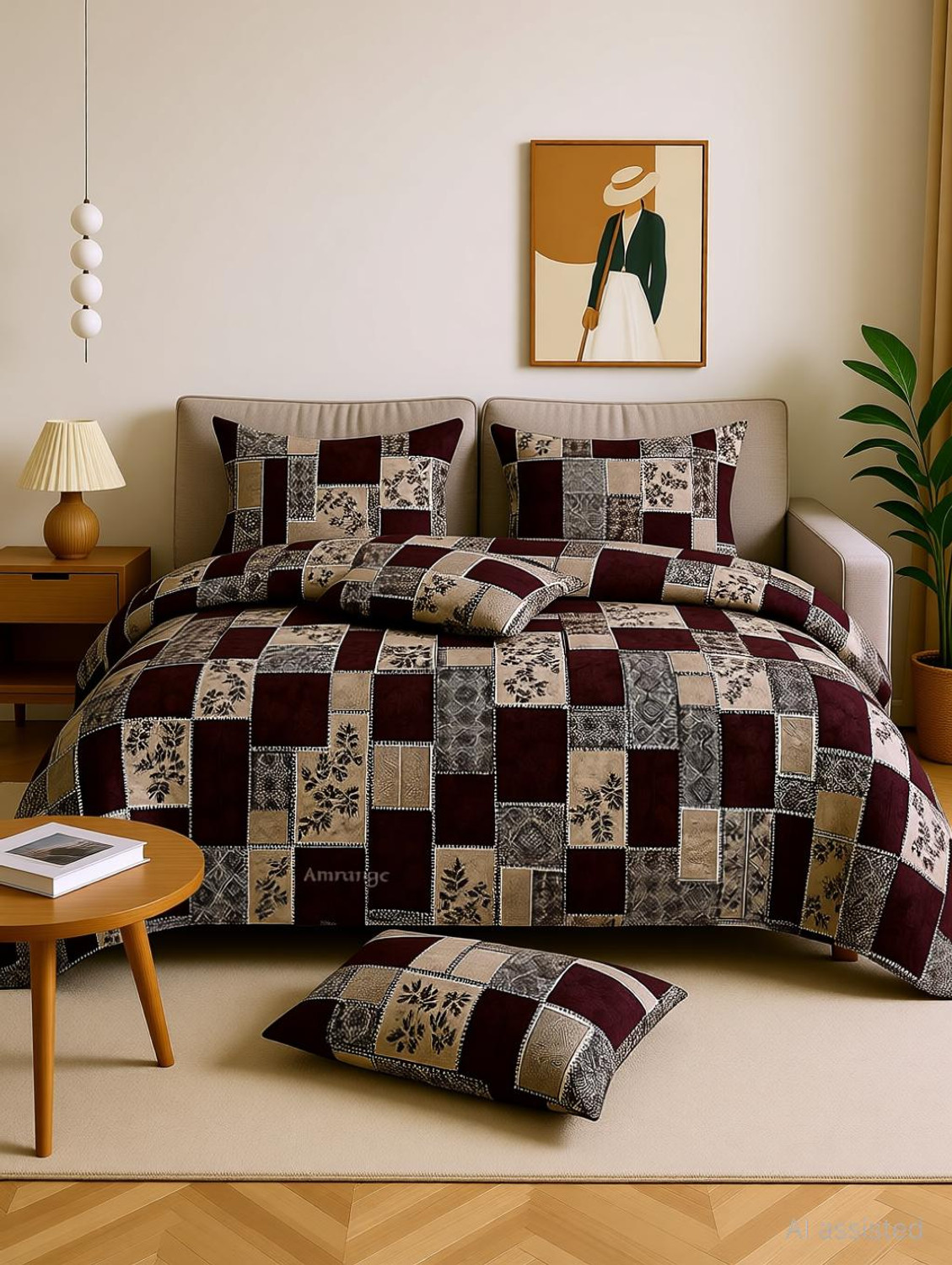 Image of Home Sazawat Fleece King Fitted (Elastic) 250 TC Solid 1 Bedsheet with 2 Pillow Covers (Coffee)
