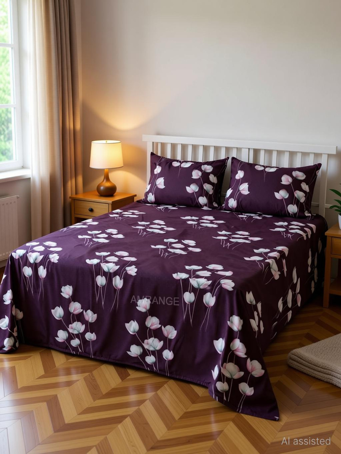 Image of HIYANSHI HOME FURNISHING Cotton King Fitted (Elastic) 250 TC Floral 1 Bedsheet with 2 Pillow Covers (72''x78'' Inches with 2 Jumbo Pillow Covers 20x30 Inches)