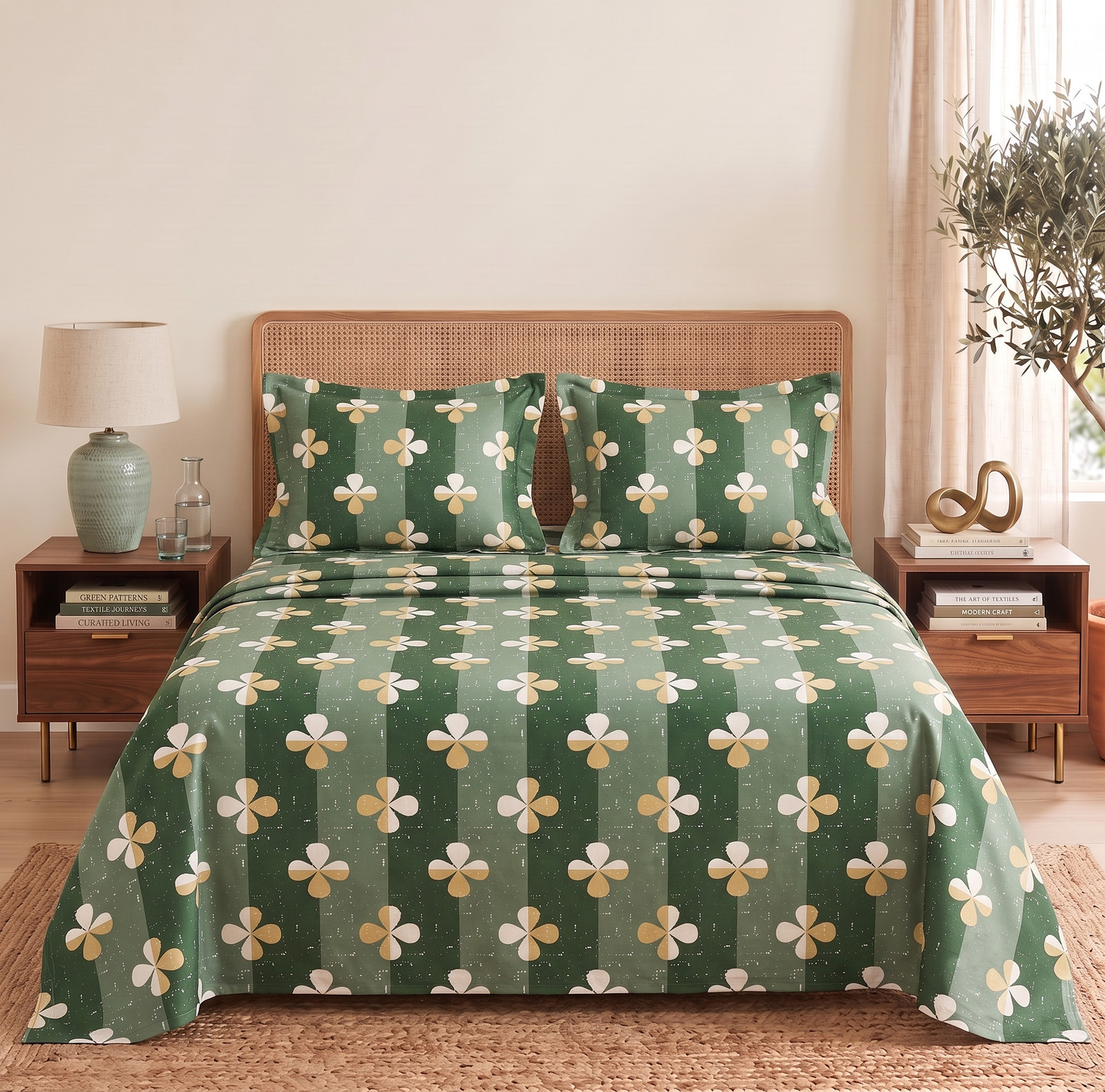 Image of HIYANSHI HOME FURNISHING Cotton King Fitted (Elastic) 250 TC Floral 1 Bedsheet with 2 Pillow Covers (72''x78'' Inches with 2 Jumbo Pillow Covers 20x30 Inches)