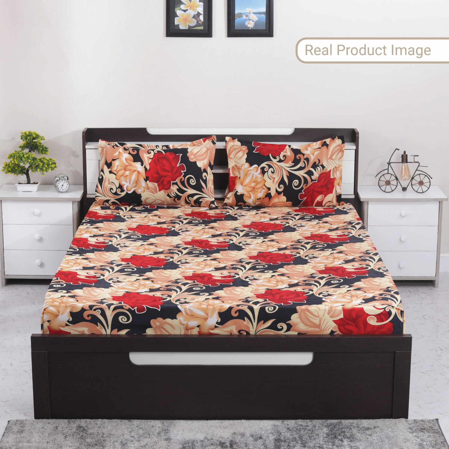 Image of Flipkart SmartBuy Microfiber Double Flat 140 TC Floral 1 Bedsheet with 2 Pillow Covers