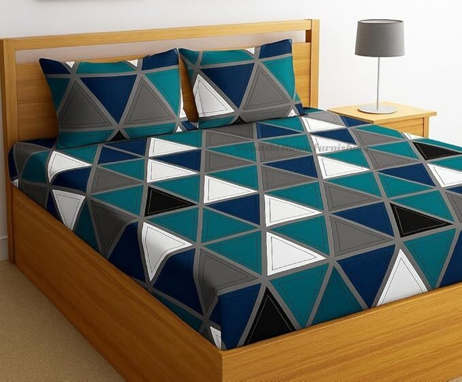 Image of PLANO Cotton Double, King Flat 250 TC Geometric 1 Bedsheet with 2 Cushion Covers (Multicolor)