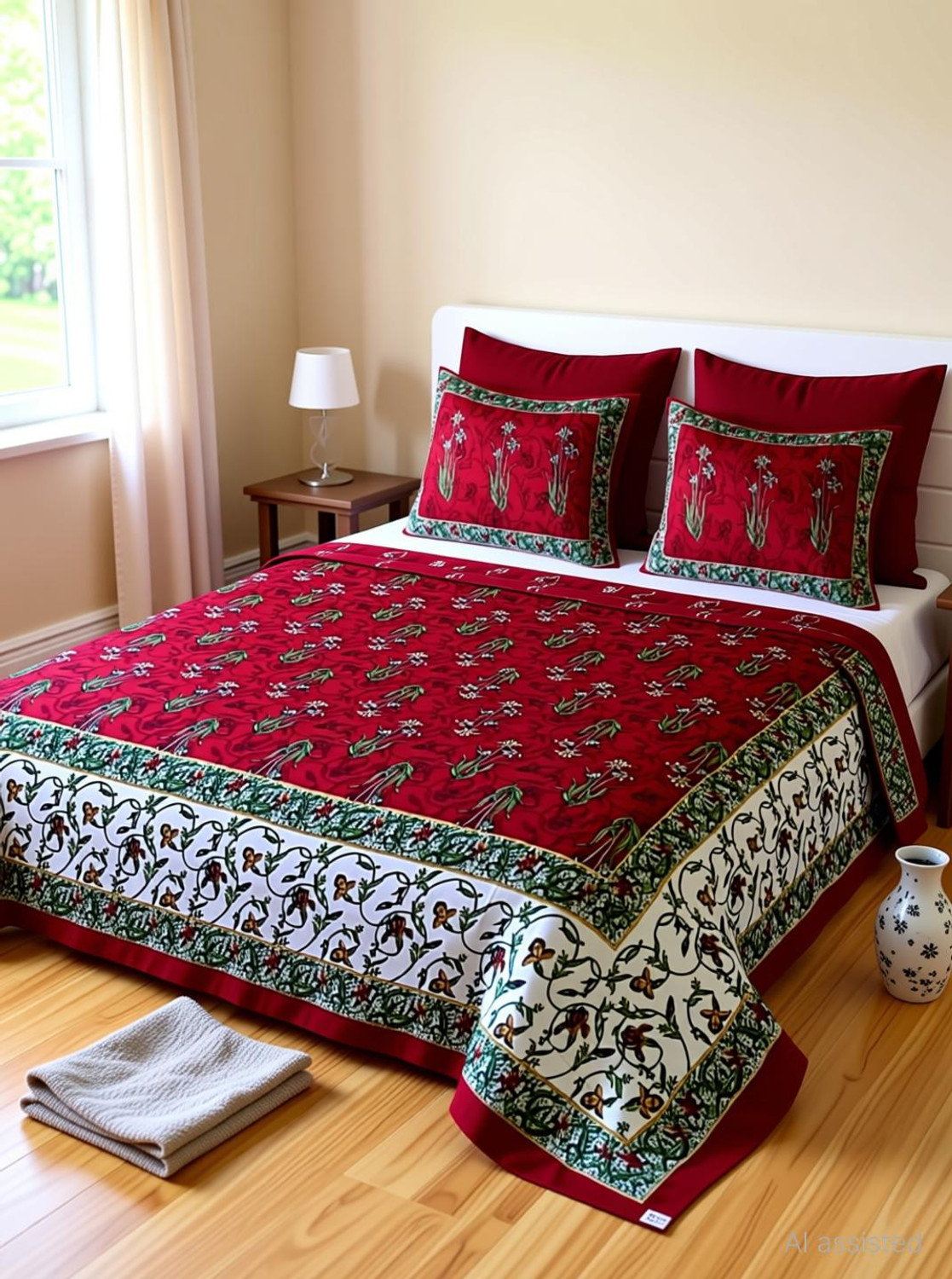 Image of Cosito Cotton Double Flat 144 TC Jaipuri Prints 1 Bedsheet with 2 Pillow Covers (Red)