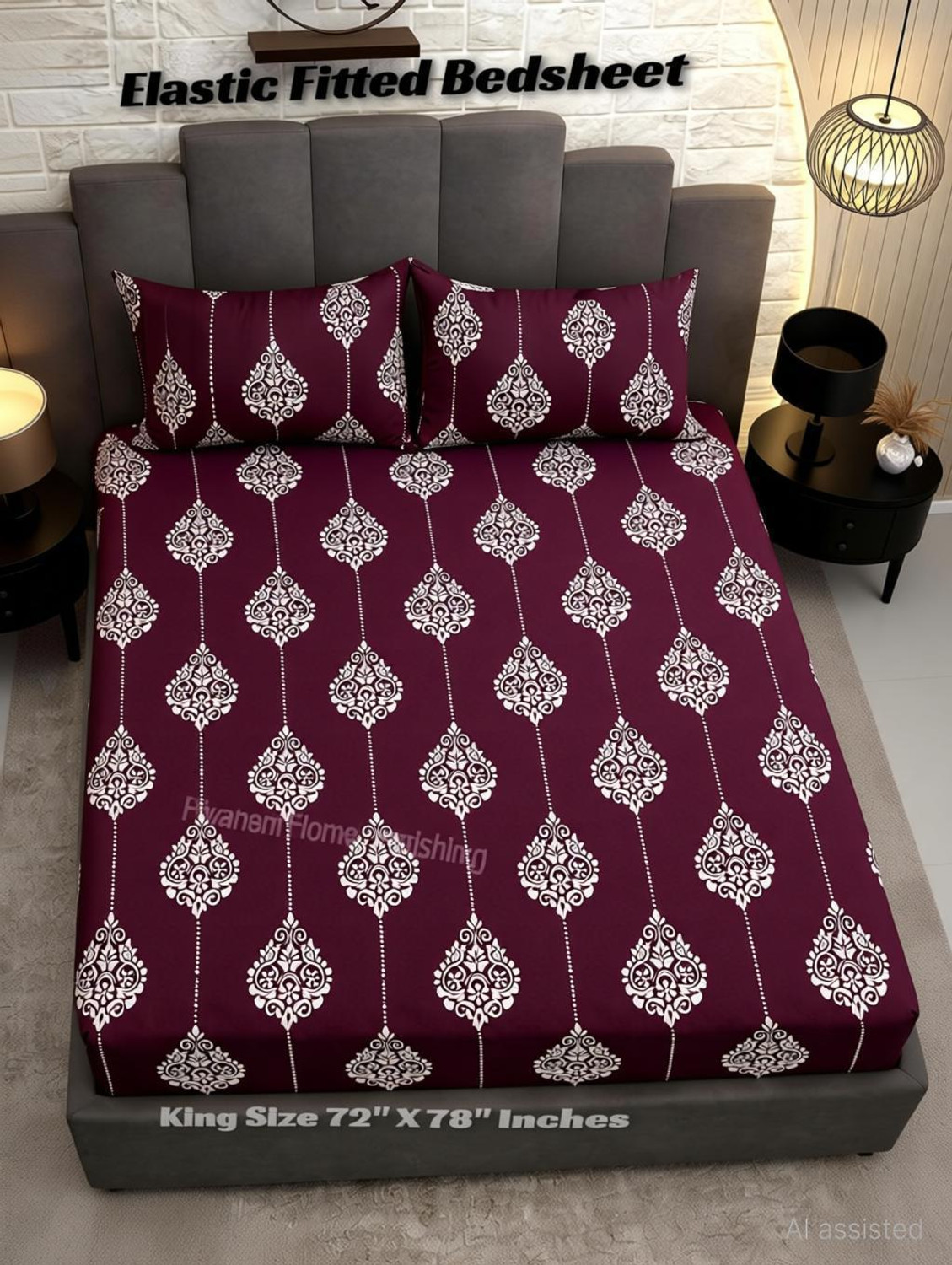 Image of HIYANSHI HOME FURNISHING Cotton King Fitted (Elastic) 250 TC Floral 1 Bedsheet with 2 Pillow Covers (72''x78'' Inches with 2 Jumbo Pillow Covers 20x30 Inches)