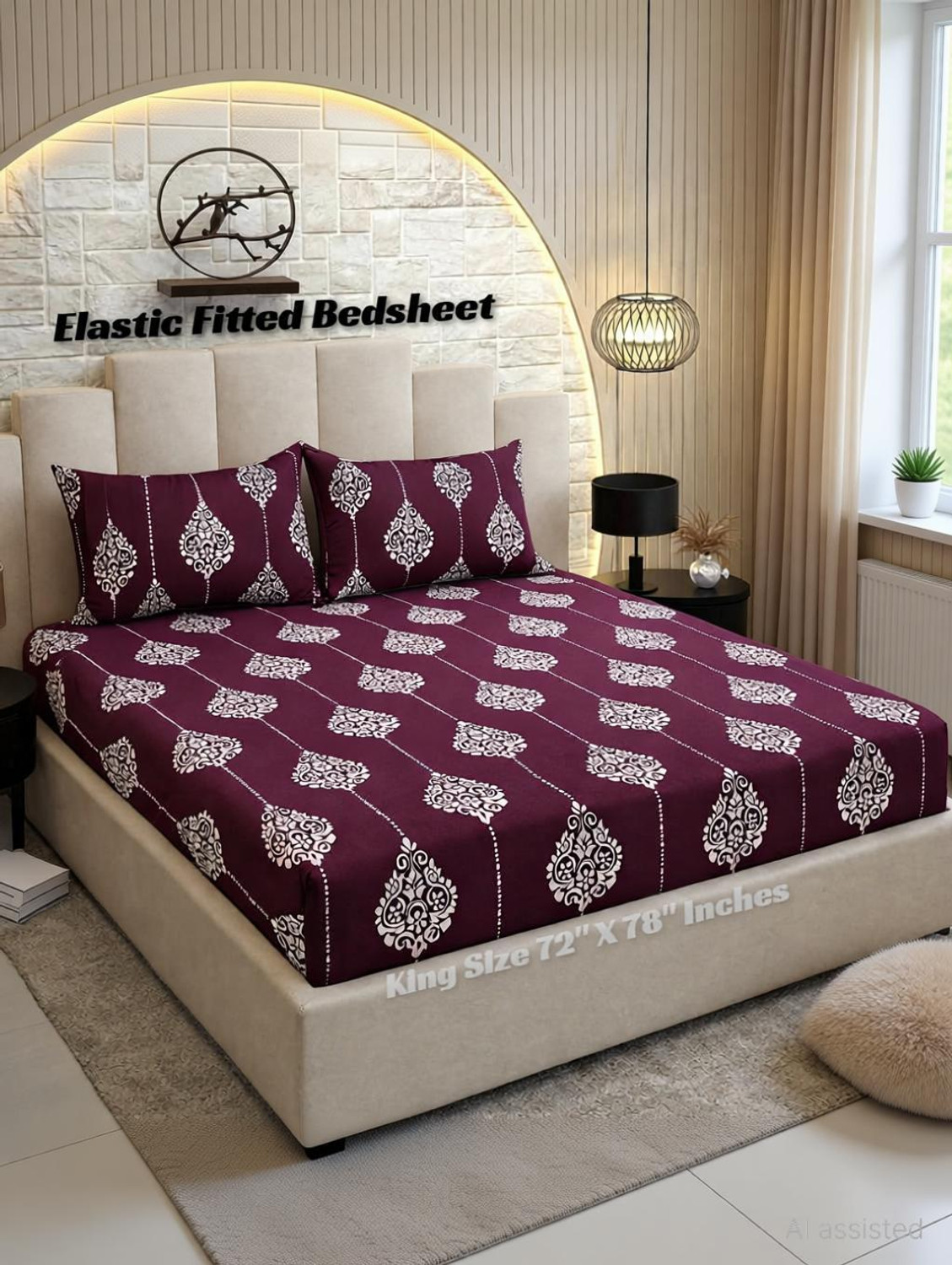 Image of HIYANSHI HOME FURNISHING Cotton King Fitted (Elastic) 250 TC Floral 1 Bedsheet with 2 Pillow Covers (72''x78'' Inches with 2 Jumbo Pillow Covers 20x30 Inches)